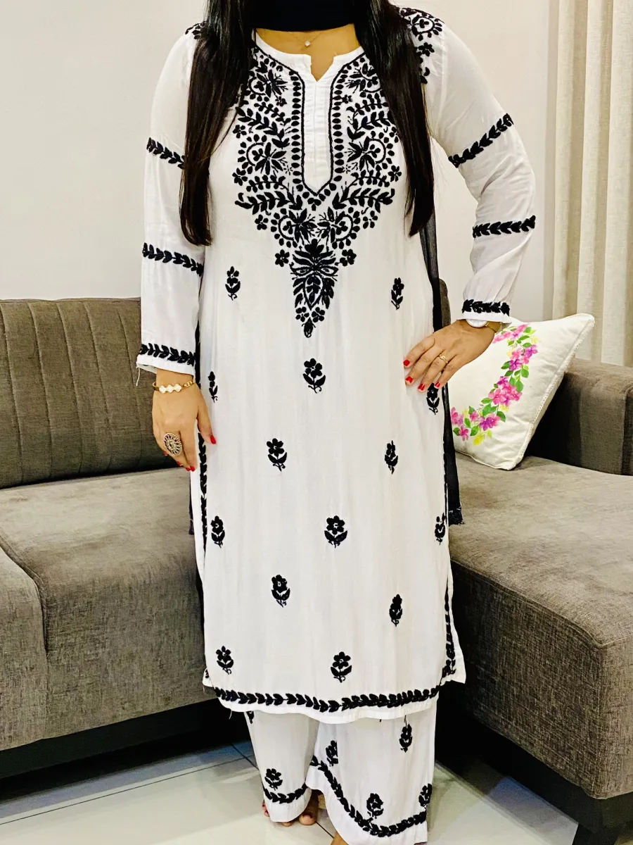 Rayon Chikankari Women's Solid Long Kurta Palazzo set