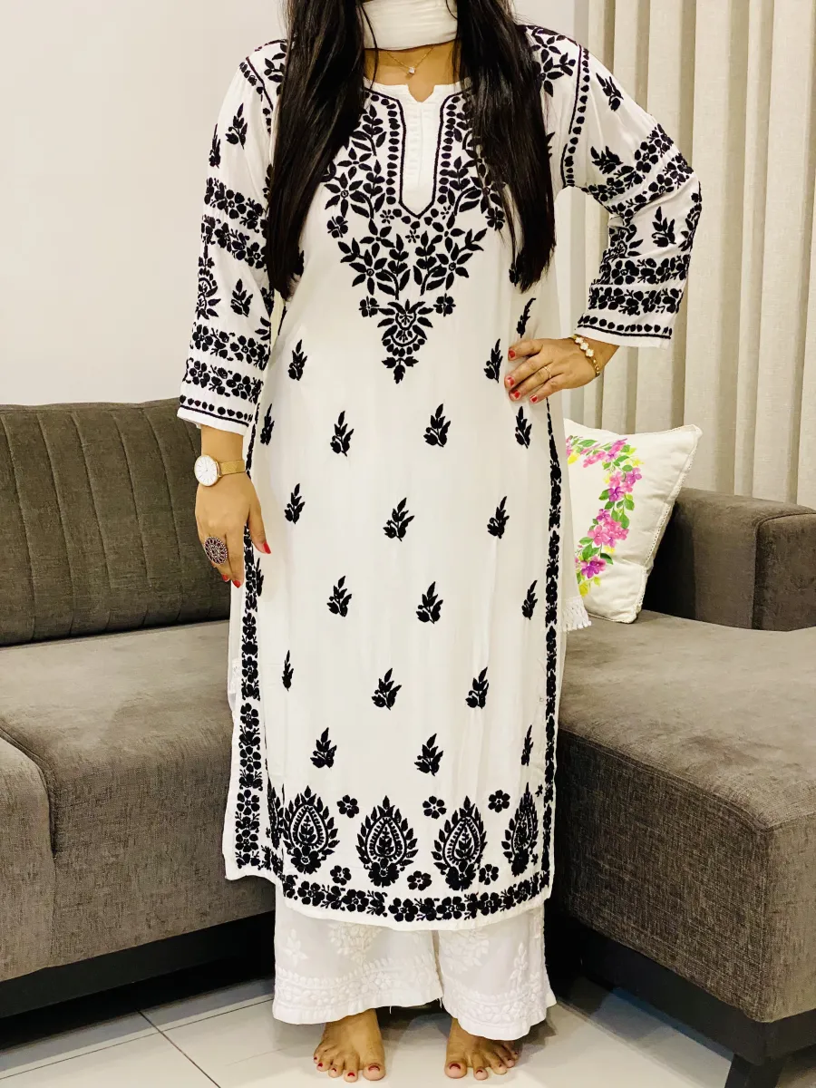 Rayon Chikankari Hand Embroidered Women's Solid Long Kurta