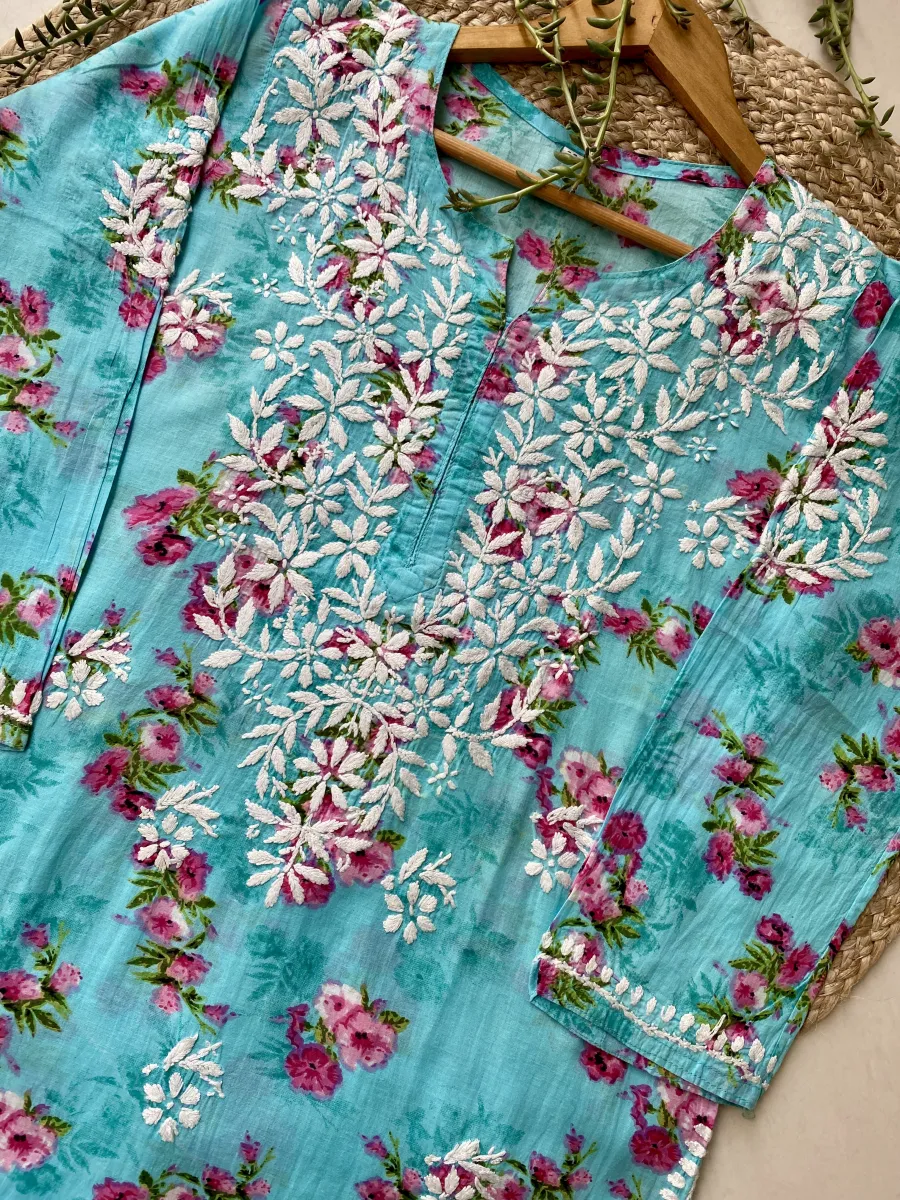 Mulmul Chikankari Floral Women's Long Kurta