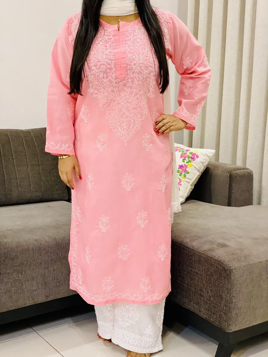 Voil Cotton Chikankari Women's Solid Long Kurta