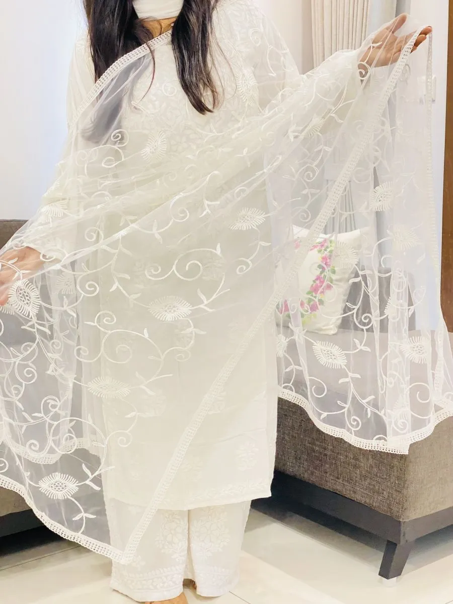 White Jaal Aari Soft Net Dupatta