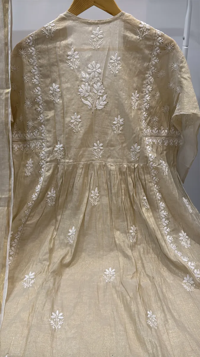 Mul-Chanderi Chikankari Hand Embroidered Women's Anarkali Kurta Set