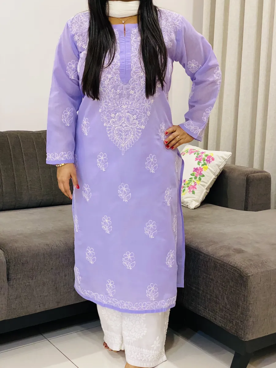 Voil Cotton Chikankari Women's Solid Long Kurta