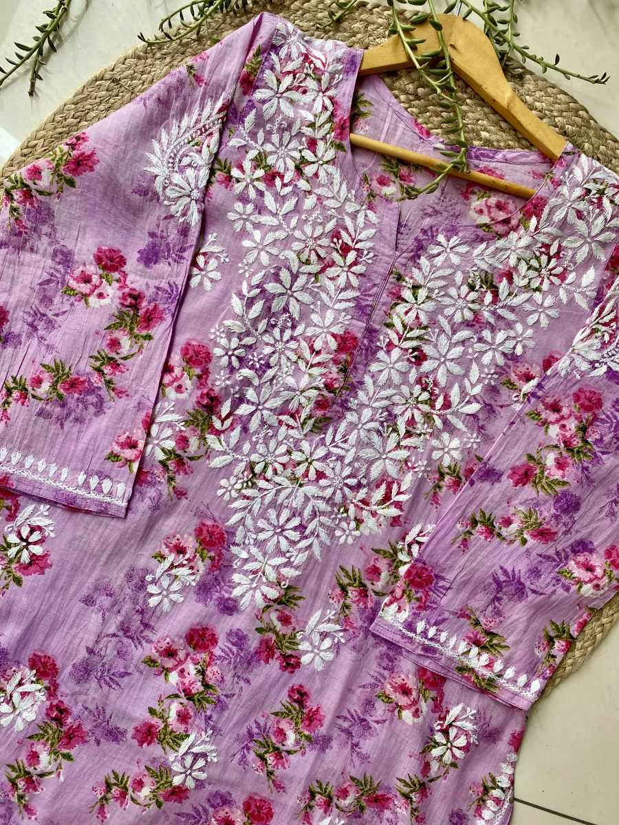 Mulmul Chikankari Floral Women's Long Kurta