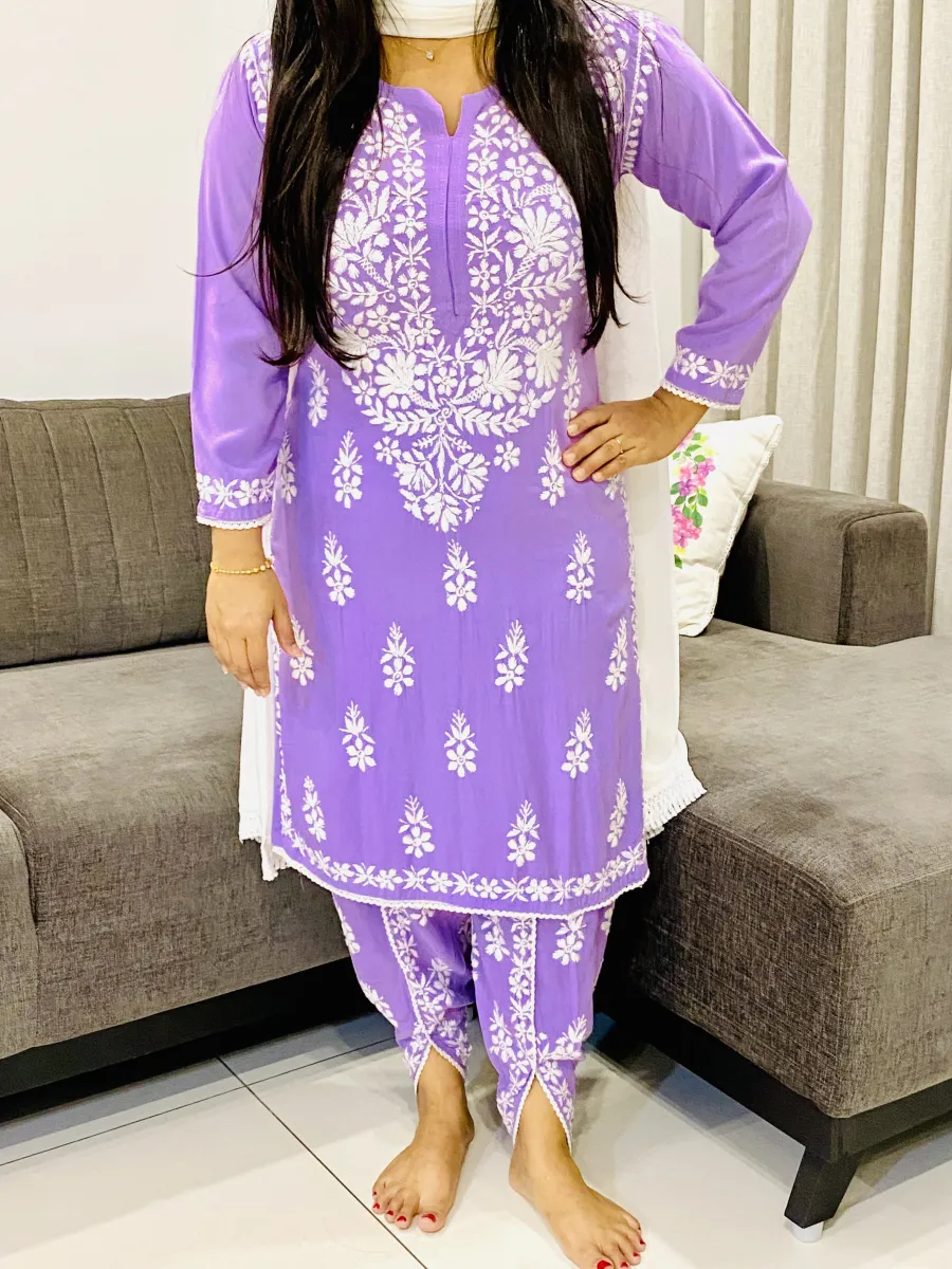 Premium Rayon Chikankari Solid Women's Kurta-Dhoti Set