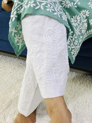 Chikankari Aari Work Women's Pant - White  - White