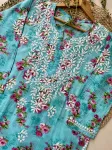 Mulmul Chikankari Floral Women's Long Kurta  - Ferozi