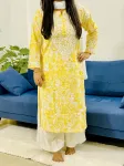 Cotton Chikankari Hand Embroidered Women's Long Kurta  - Yellow & White