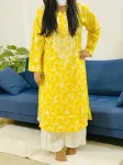 Cotton Chikankari Hand Embroidered Women's Long Kurta  - Yellow
