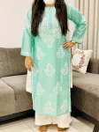 Premium Long Chikankari Kurti  - Aqua