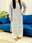 Cotton Chikankari Hand Embroidered Women's Long Kurta  - Grey & White