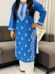 Cotton Chikankari Long Kurta  - Powder Blue