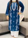 Teal Blue Ahana Cotton Chikankari Long Kurta