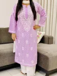 Mulmul Cotton Chikankari Long Kurta  - Lilac