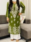 Premium modal chikankari long kurti  - mahendi