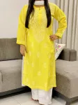 Yellow Bani Voil Cotton Chikankari Women's Solid Long Kurta