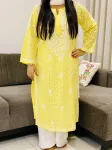 Yellow Aadita Mulmul Cotton Chikankari Long Kurta