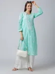 Cotton Chikankari Handwork Women's Floral Long Kurta  - Aqua