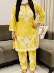 3D Mulmul chikankari women's co-ord set  - Yellow