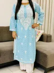 Cotton Chikankari Handwork Women's Floral Long Kurta  - Sky