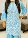 Rayon Designer Chikankari Handcrafted Gharara Set  - Sky