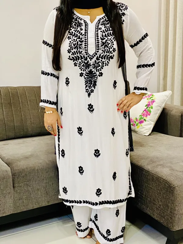 Rayon Chikankari Women's Solid Long Kurta Palazzo set