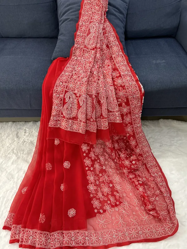 Red Nirali Half Jaal Saree