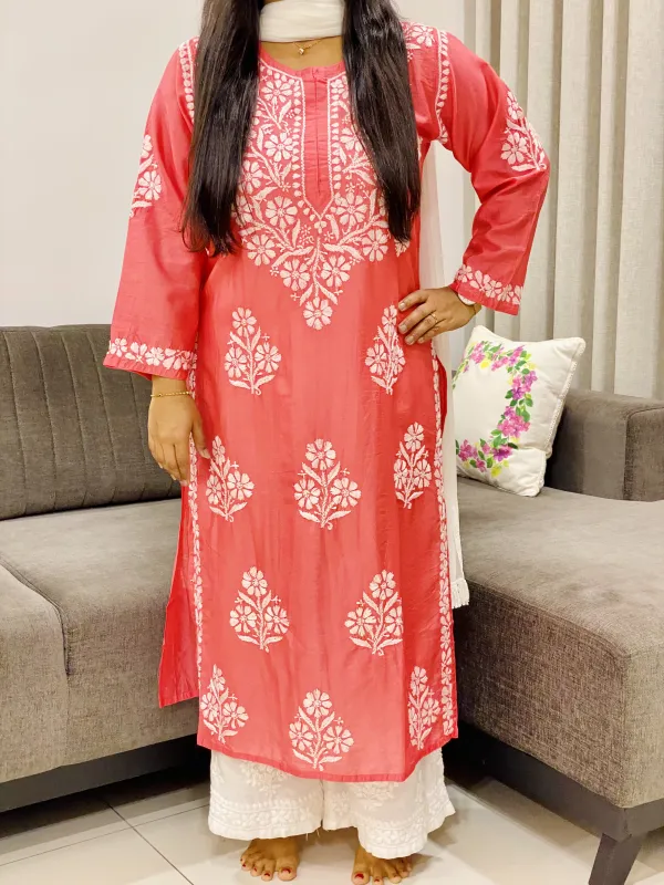 Premium Chanderi Chikankari Women's Solid Long Kurta