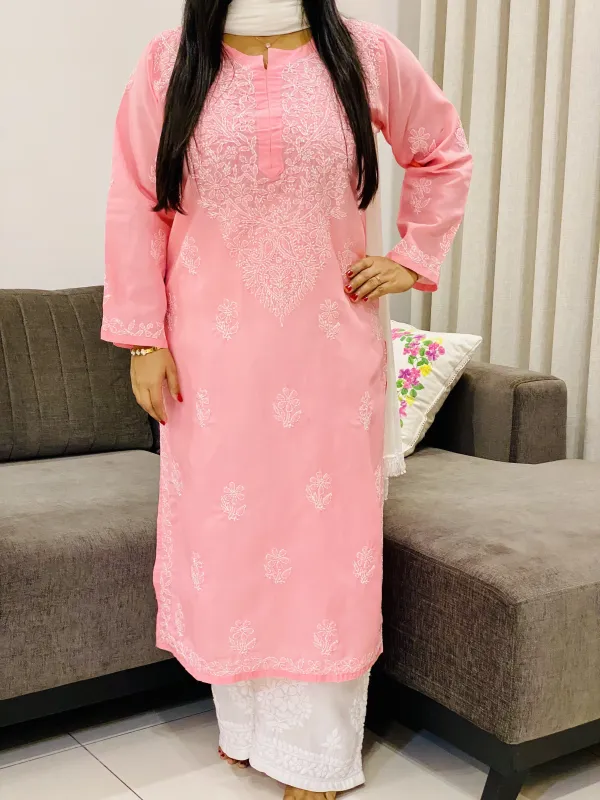 Voil Cotton Chikankari Women's Solid Long Kurta