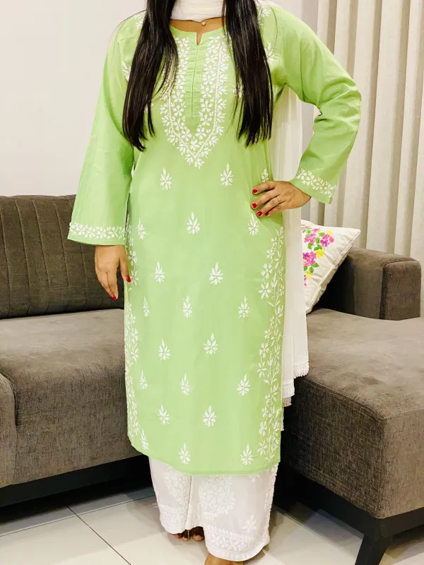 Pista Aanvi Cotton Chikankari Long Kurta