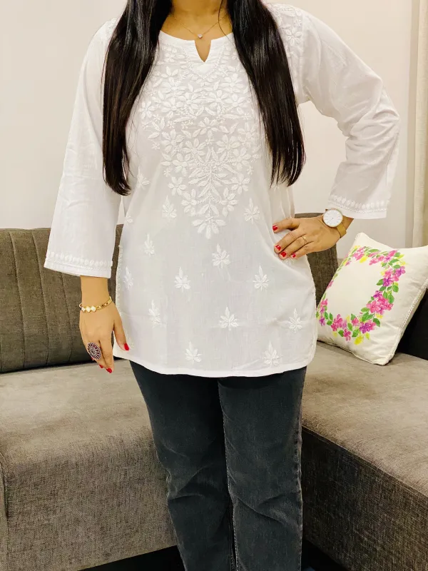 Cotton Chikankari Solid Women's Short Kurta