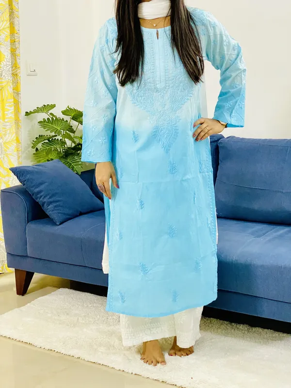 Cotton Chikankari Handwork Ombre Women's Long Kurta