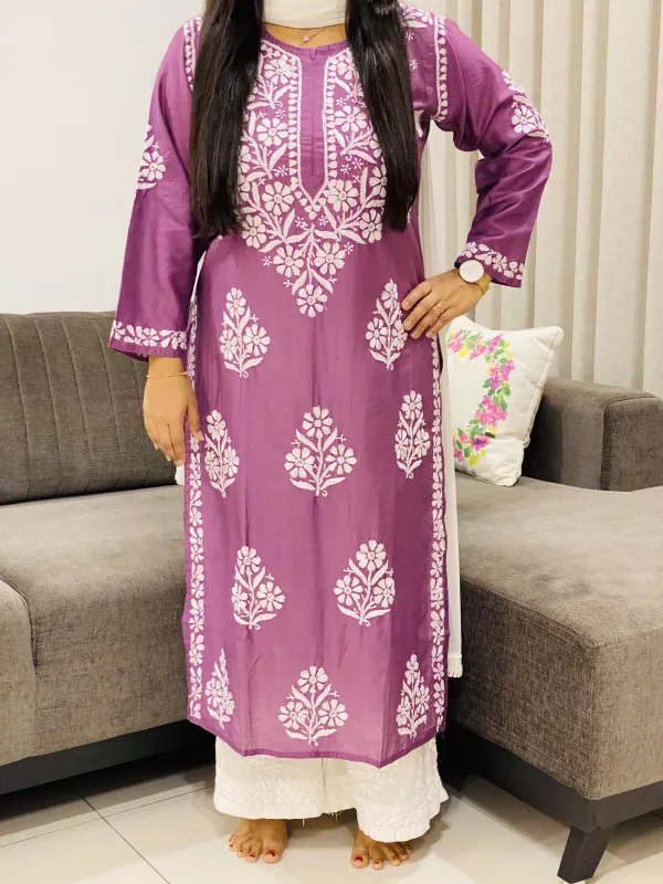 Premium Chanderi Chikankari Women's Solid Long Kurta