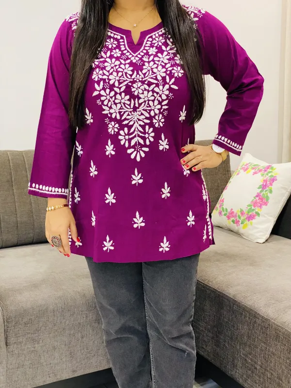 Cotton Chikankari Solid Women's Short Kurta