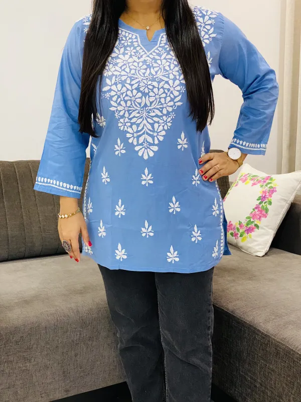 Cotton Chikankari Solid Women's Short Kurta
