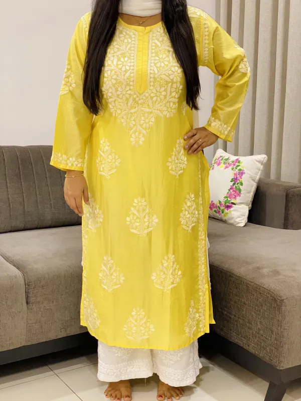 Premium Chanderi Chikankari Women's Solid Long Kurta