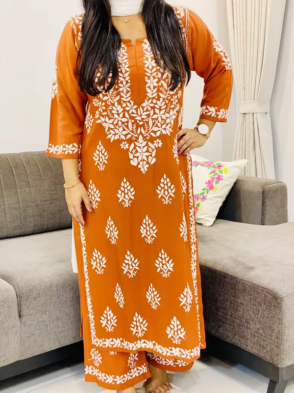 Rayon Chikankari Solid Women's Long Kurta Palazzo Set