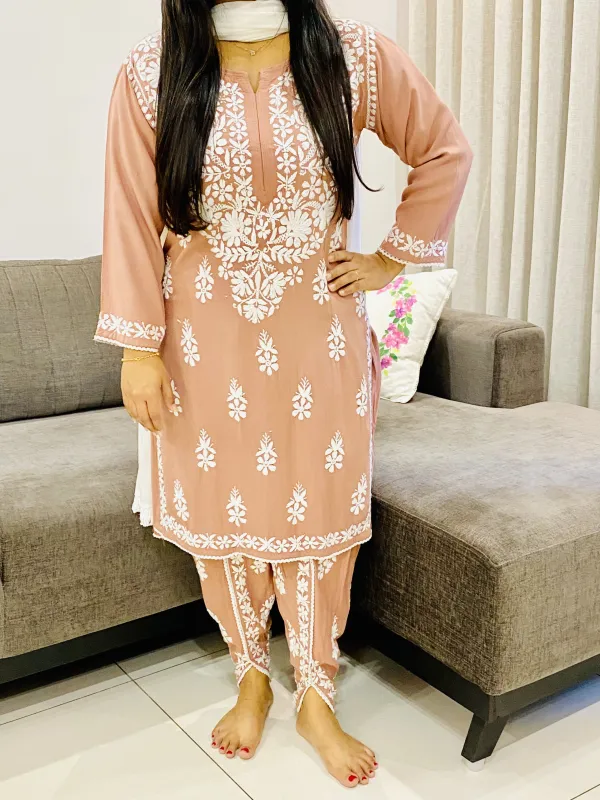 Light Brown Sangria Premium Rayon Chikankari Solid Women's Kurta-Dhoti Set