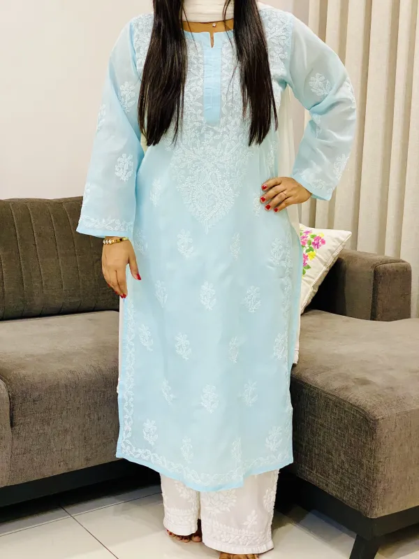 Voil Cotton Chikankari Women's Solid Long Kurta