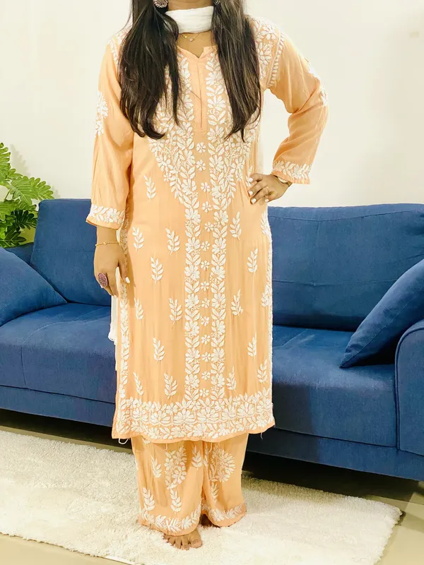 Rayon Chikankari Women's Solid Kurta Palazzo Set