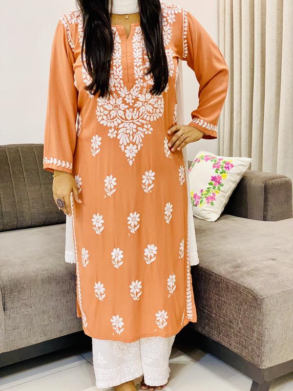 Rayon Chikankari Handwork Women's Solid Long Straight Kurta