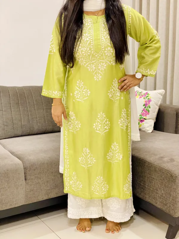 Premium Chanderi Chikankari Women's Solid Long Kurta