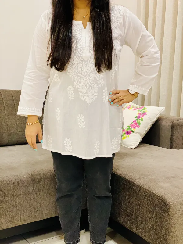 Cotton Chikankari Hand embroidered Women's Short Kurta
