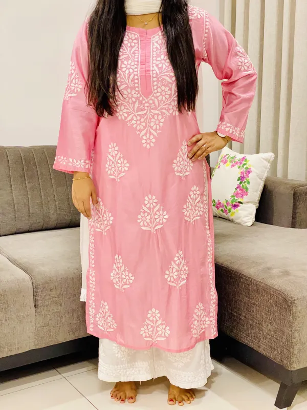 Premium Chanderi Chikankari Women's Solid Long Kurta