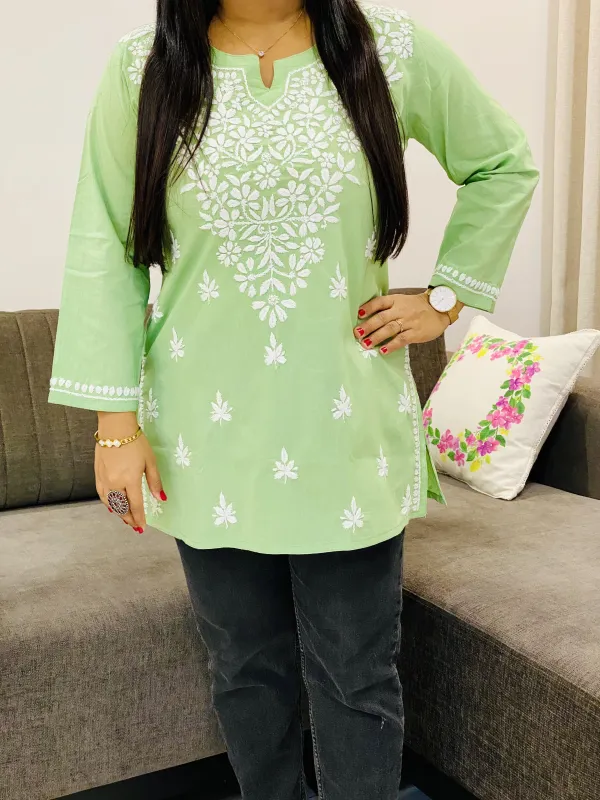 Cotton Chikankari Solid Women's Short Kurta