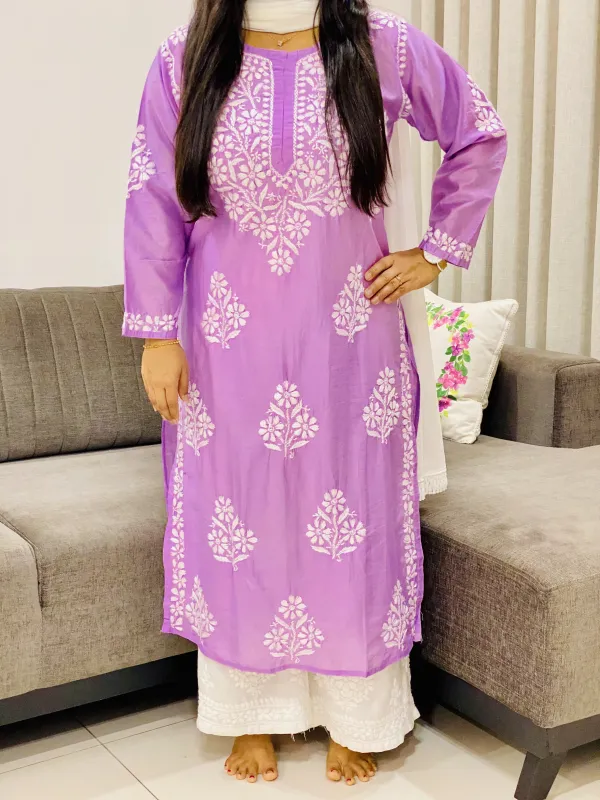 Premium Chanderi Chikankari Women's Solid Long Kurta