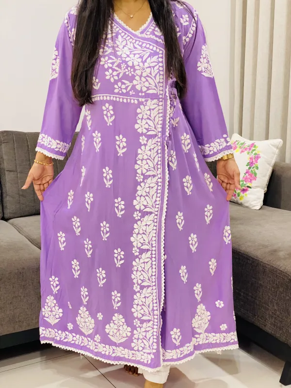 Rayon Chikankari Handwork Solid Women's Angrakha Kurta