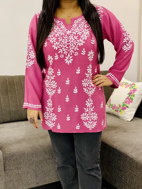 Dark Pink Ayat Chikankari Handwork Modal Short Top