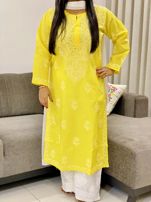 Voil Cotton Chikankari Women's Solid Long Kurta