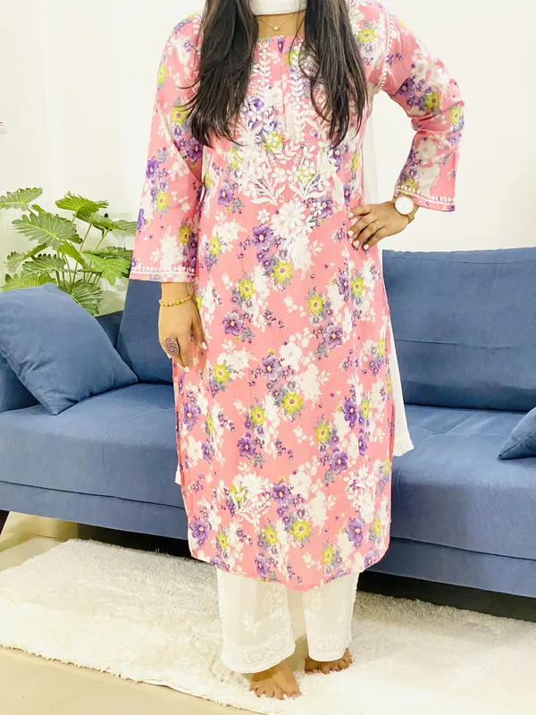 Mulmul Chikankari Women's Floral Long Kurta
